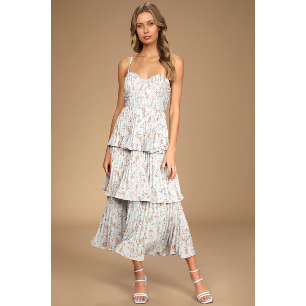 Lulus Cascading Crush Pale Blue Floral Print Tiered Bustier Midi Dress - Size M
